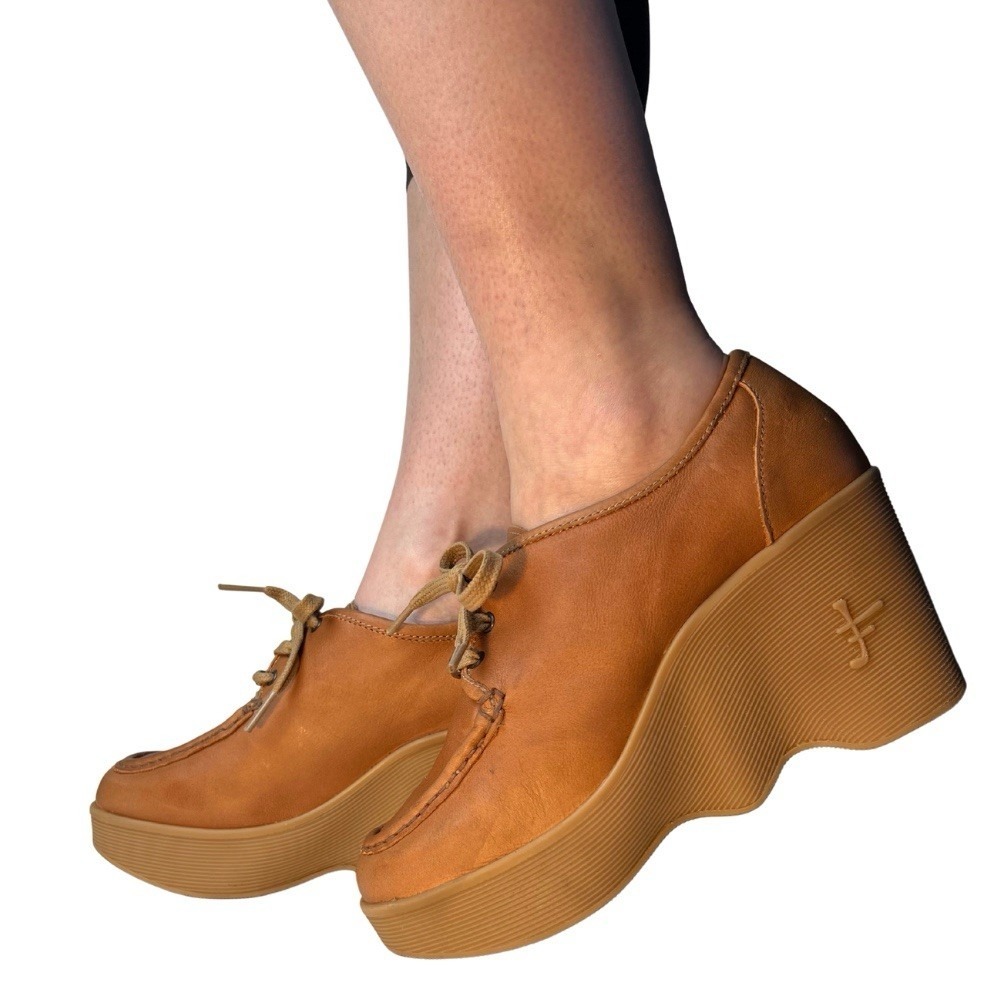 Famolare Square Up Wedge Boat Shoe 7 Honey Tan Wave Sole Leather 70s Style Retro